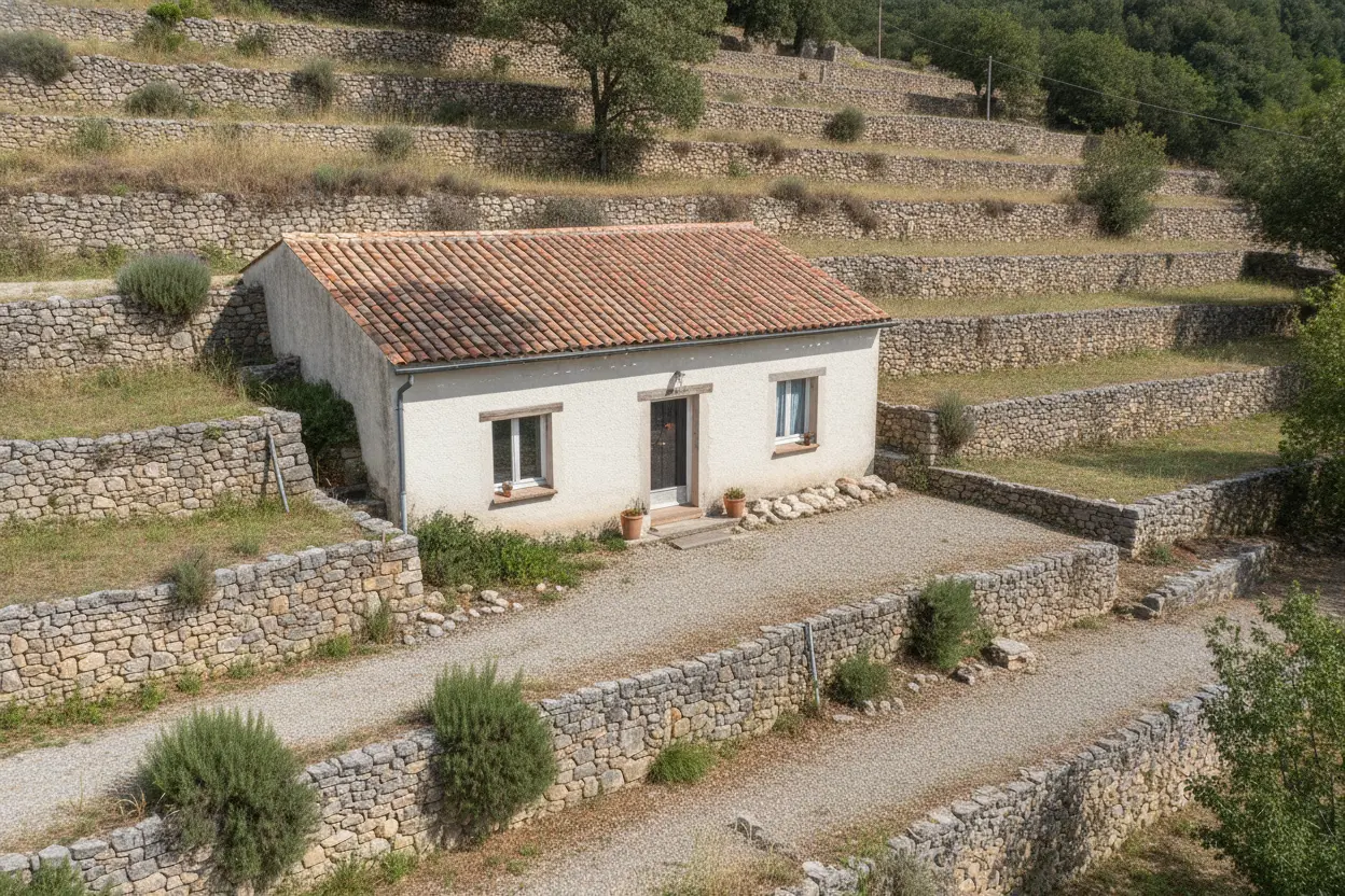 Jardin en restanques dégagé après démontage complet de l'arbre, chantier propre à Alès