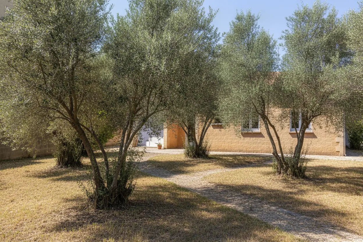 Oliviers taillés en taille douce, charpente préservée, jardin aéré aux Prés Saint-Jean