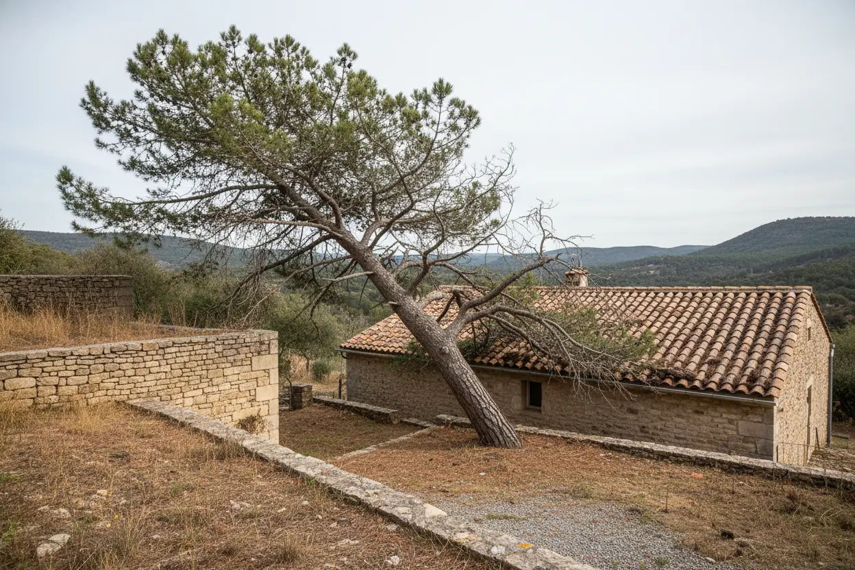 Grand pin penché menaçant une toiture en tuile canal à Rochebelle, Alès