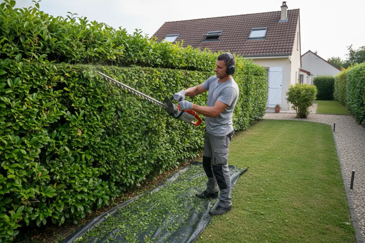 Taille de haie et débroussaillage dans un jardin résidentiel à Alès