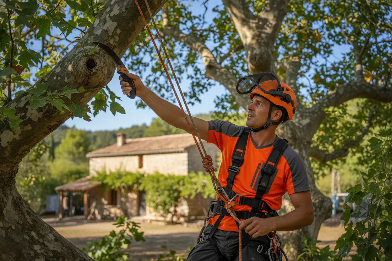 Arboriste grimpeur en train d'élaguer un grand arbre à Alès, Gard