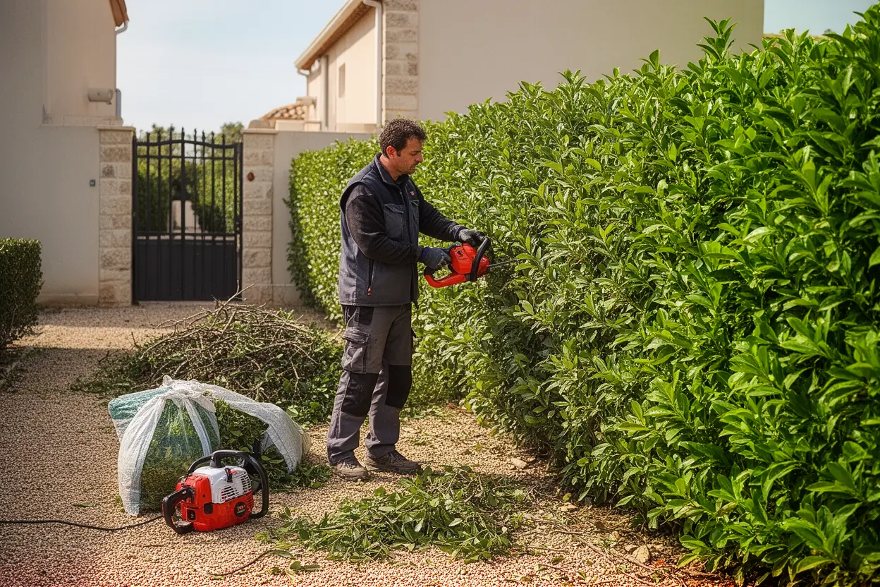 Taille de haie dans un jardin résidentiel à Alès