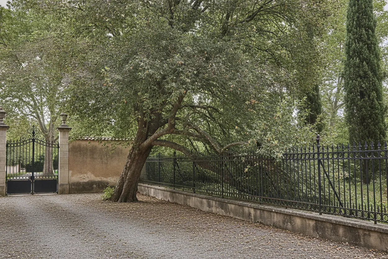 Platane penché avant intervention près du Gardon à Anduze