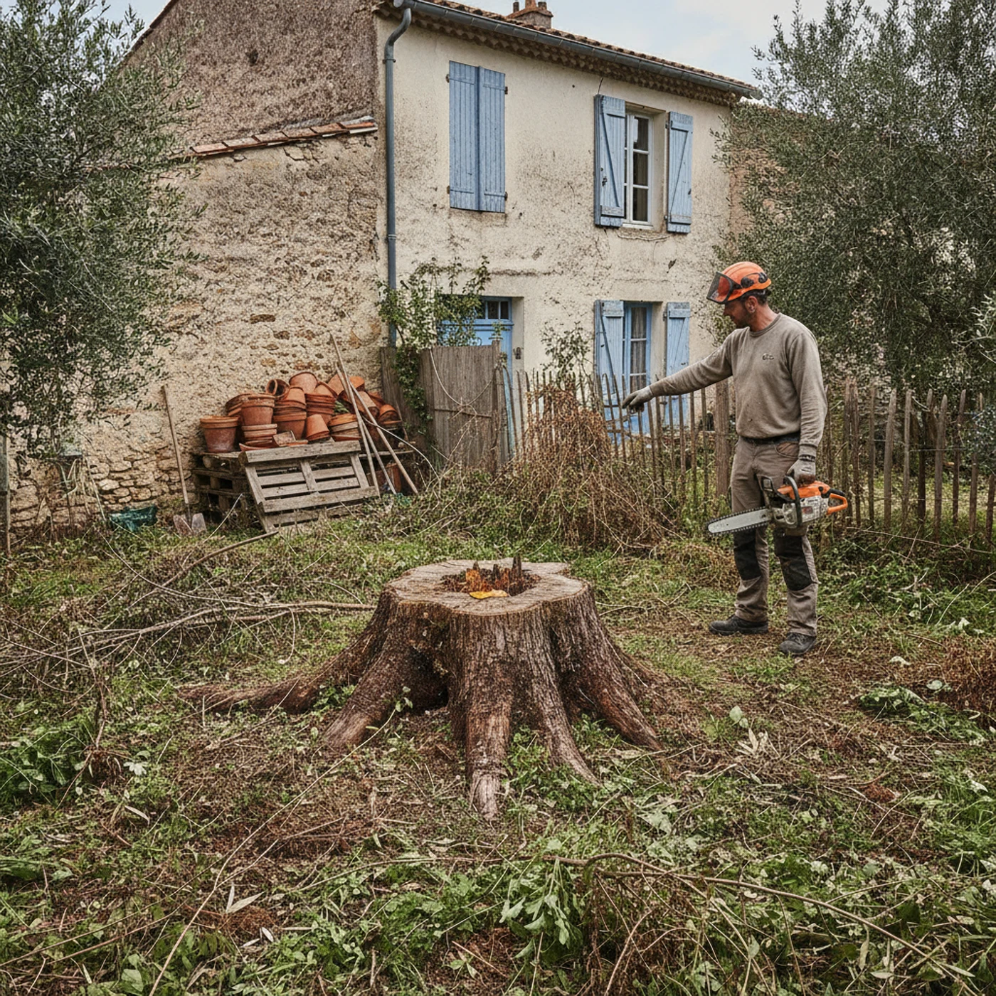 Souche gênant un massif avant rognage à Anduze