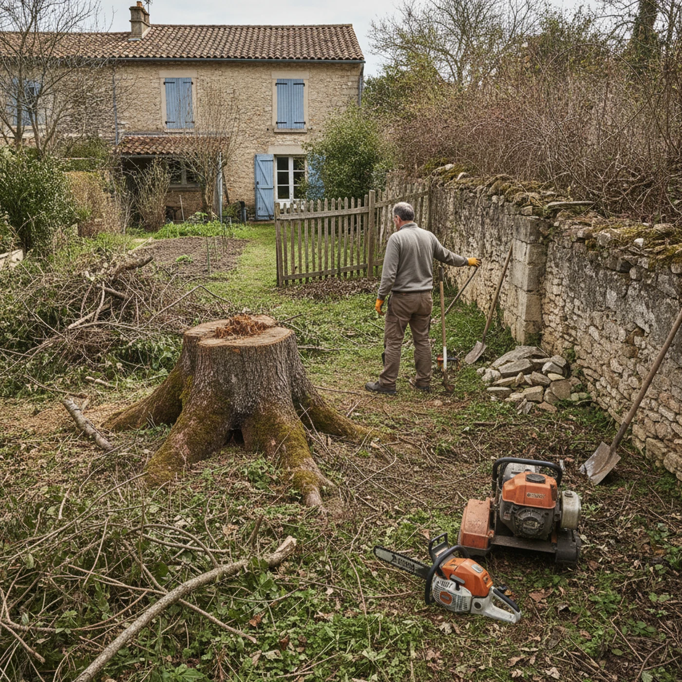 Souche gênante avant rognage dans un jardin de Cendras