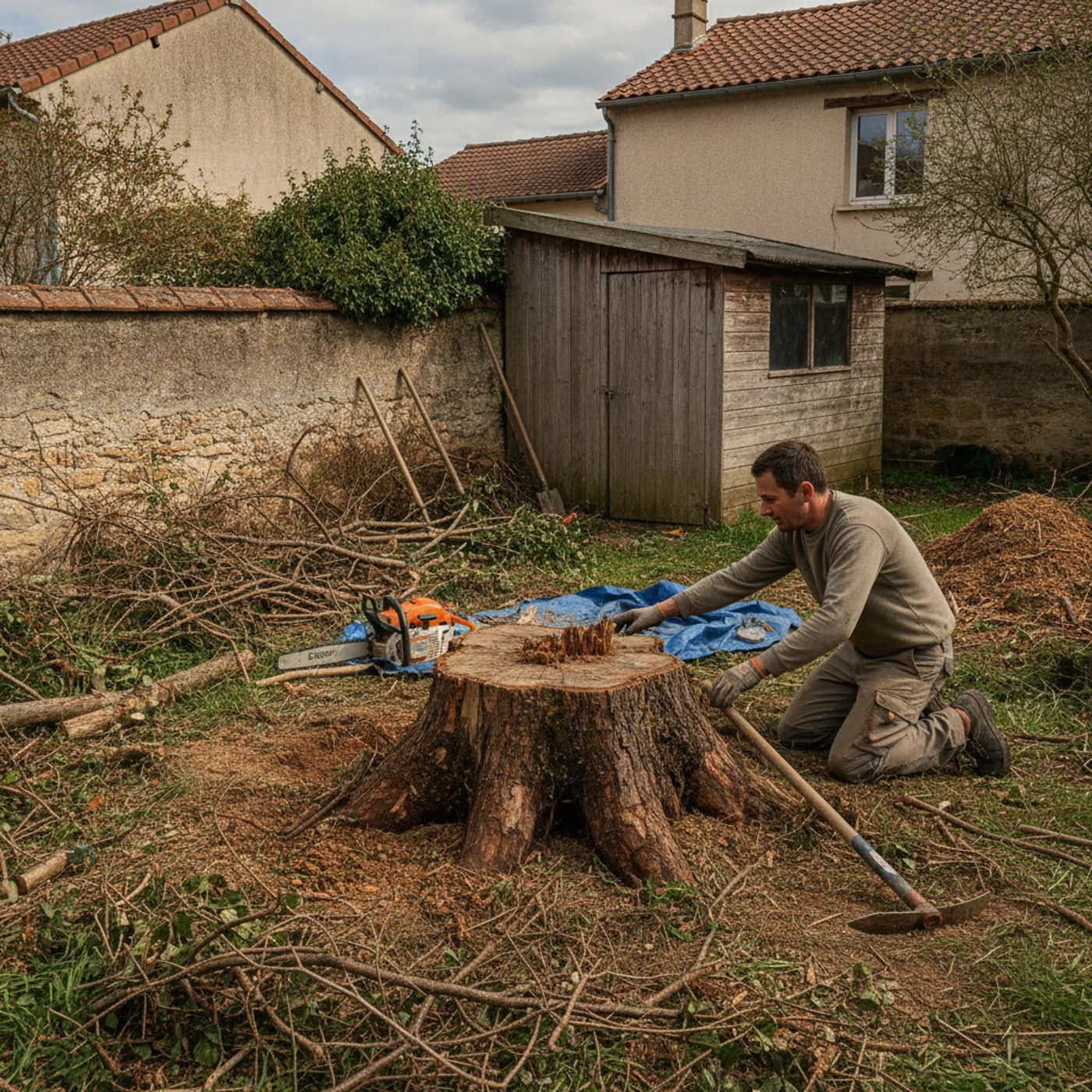 Souche gênante avant rognage dans un jardin de Saint-Christol-lès-Alès